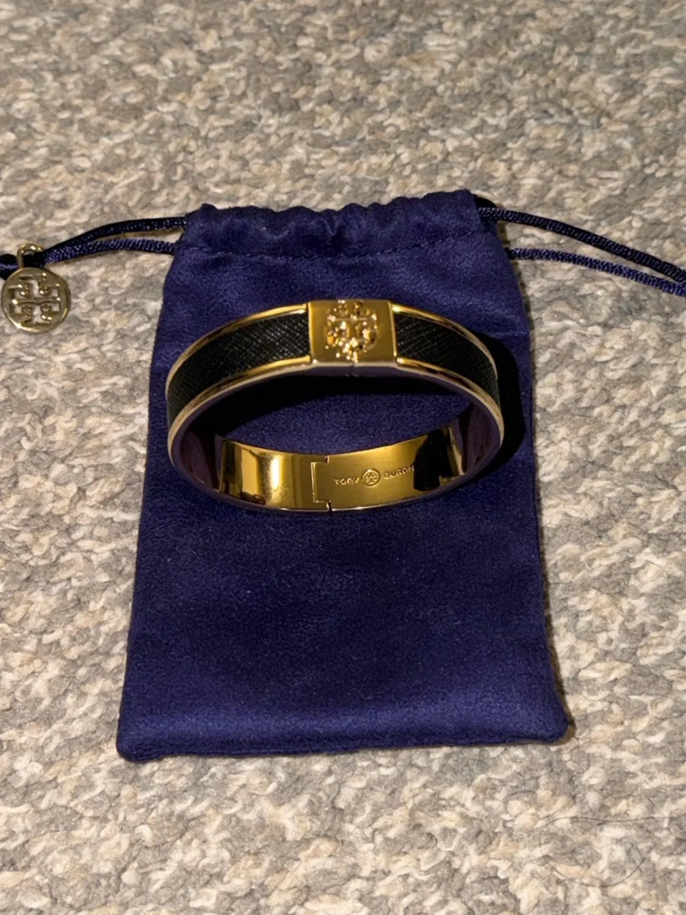 TORY BURCH Gold & Black Enamel Leather Hinged Bangle with Signature 3D Gold Logo
